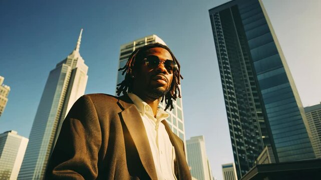 black African man wearing business attire and deadlock hairstyle with urban cityscape background