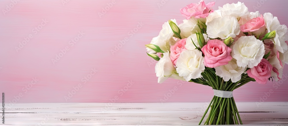 Poster elegant bouquet of pink and white eustoma flowers placed to the right against a soft pink gradient b
