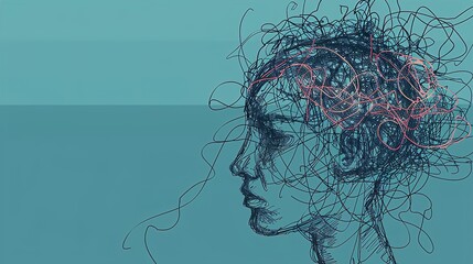 Tangled scribble doodle vector illustration of an empty head with messy lines inside, representing abstract thoughts, confusion, and complex mind concepts