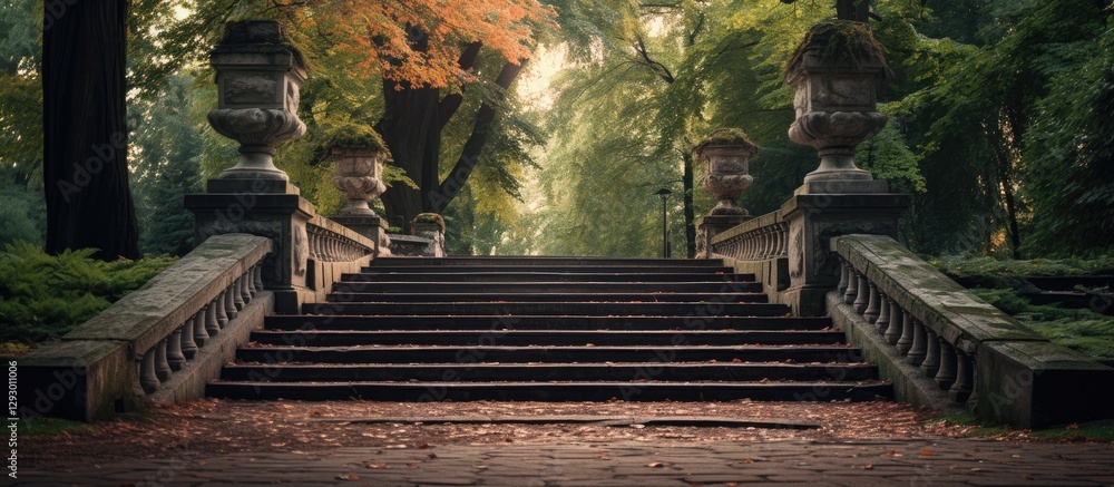 Poster A serene view of weathered stone stairs leading upwards in a lush green park, surrounded by autumn foliage and soft sunlight filtering through trees.