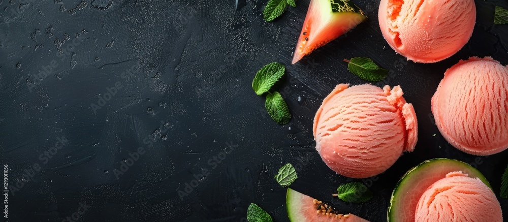 Poster melon ice cream scoops in pink hues arranged on a dark textured surface with fresh mint leaves and m