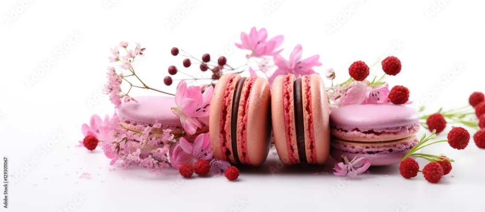 Poster Pink and red macarons arranged elegantly on a white background surrounded by delicate flowers and berries with ample copy space for text.
