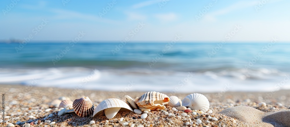 Poster seashells scattered on sandy beach with gentle waves in the background clear blue sky for a relaxing