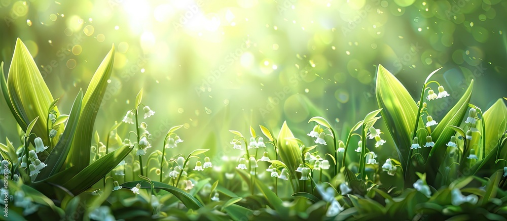 Aufkleber Lush green leaves with delicate white lilies of the valley blooming in soft sunlight creating a serene and tranquil spring atmosphere.