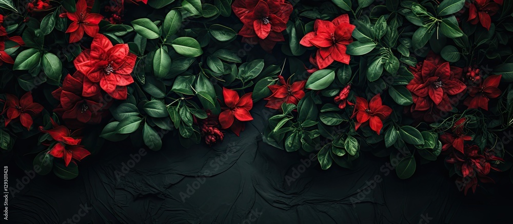 Aufkleber vibrant red flowers with lush green leaves arranged at the top against a dark background creating a 