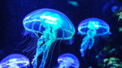 Naklejka premium Glowing blue jellyfish swimming in dark ocean waters, mesmerizing light effect. Underwater marine life and bioluminescence concept