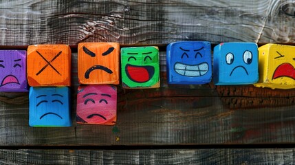 Colorful cubes with different emotions drawn on them, symbolizing mood variations, psychological states, and emotional expressions on wooden background