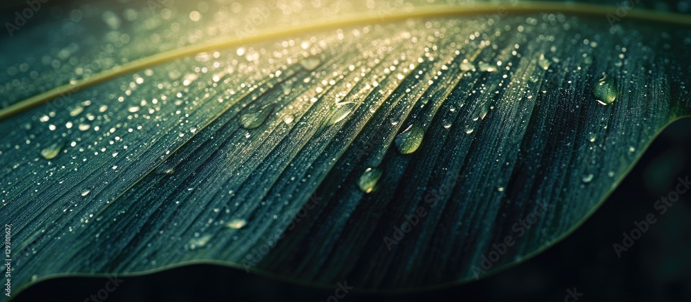 Fototapete macro shot of large transparent dew drops on a dark green leaf with soft sunlight creating a warm gl