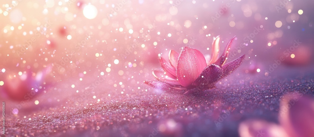 Fototapete Glistening pink lotus flowers float on a soft light purple background with sparkling bokeh effects, creating a serene and ethereal atmosphere.