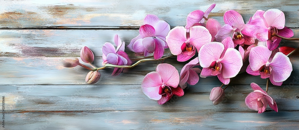 Aufkleber Vibrant pink orchids elegantly spread across a rustic wooden surface highlighting a bohemian decor style with delicate petals and soft colors.