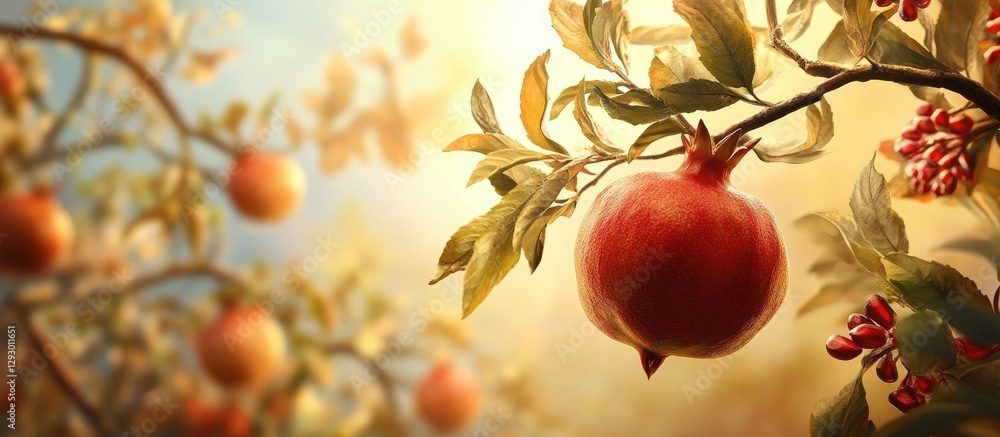Poster Pomegranate tree with ripe red fruit in focus surrounded by green leaves and soft golden light in a serene outdoor setting during harvest season.