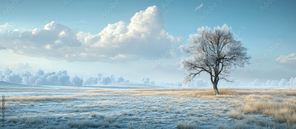 Aufkleber Serene winter landscape transitioning to summer with a lone tree on a snowy field under a bright blue sky and fluffy white clouds in the distance