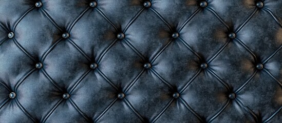 Fototapeta premium Elegant dark blue and grey tufted fabric texture featuring a sophisticated diamond pattern with glossy black buttons in a stylish arrangement.