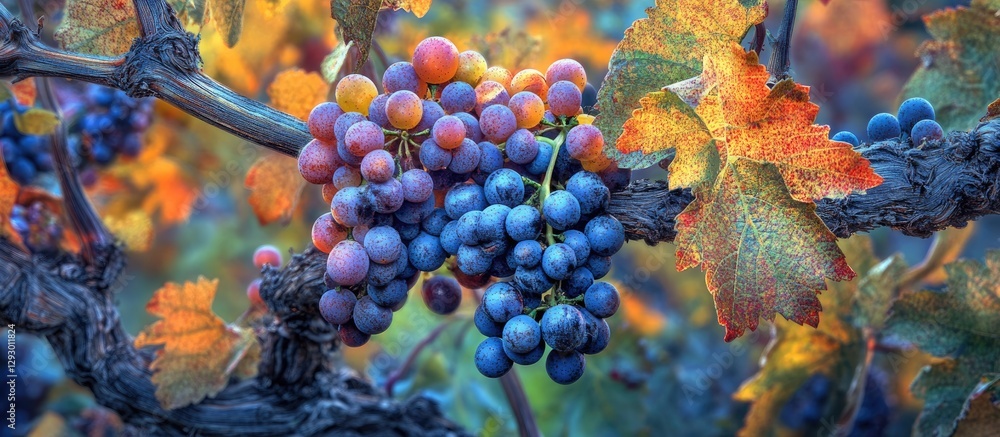 Aufkleber Vibrant Languedoc grape clusters in shades of purple and red hang on twisted vines surrounded by autumnal leaves in warm golden and orange hues