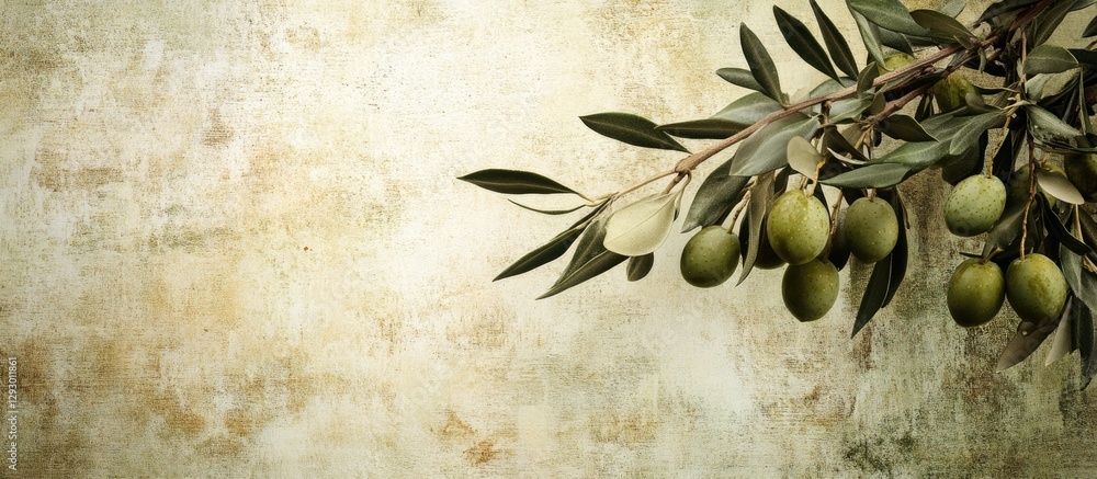 Poster lush olive branch with ripe olives in foreground against a textured, warm-toned background, creating