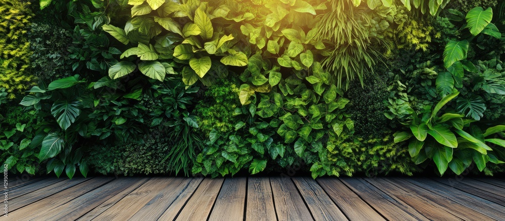Aufkleber lush green vertical garden backdrop with various leafy plants against a wooden floor illuminated by 