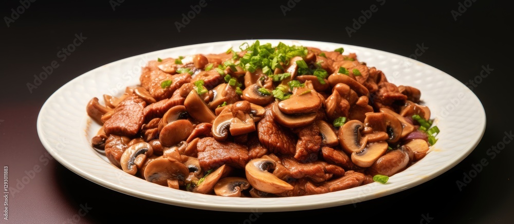 Poster sautã©ed soy meat strips with mushrooms and green onions arranged on a white plate against a dark ba