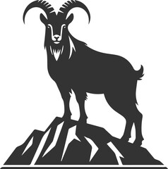 Mountain goat standing on a rocky ledge, looking straight ahead animal vector silhouette