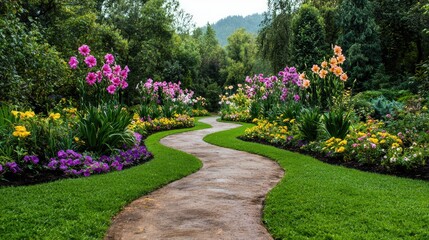 Winding Pathway Through Colorful Garden, Misty Mountains Background, Peaceful Scene, Possible use Stock photo for nature, gardening, tranquility