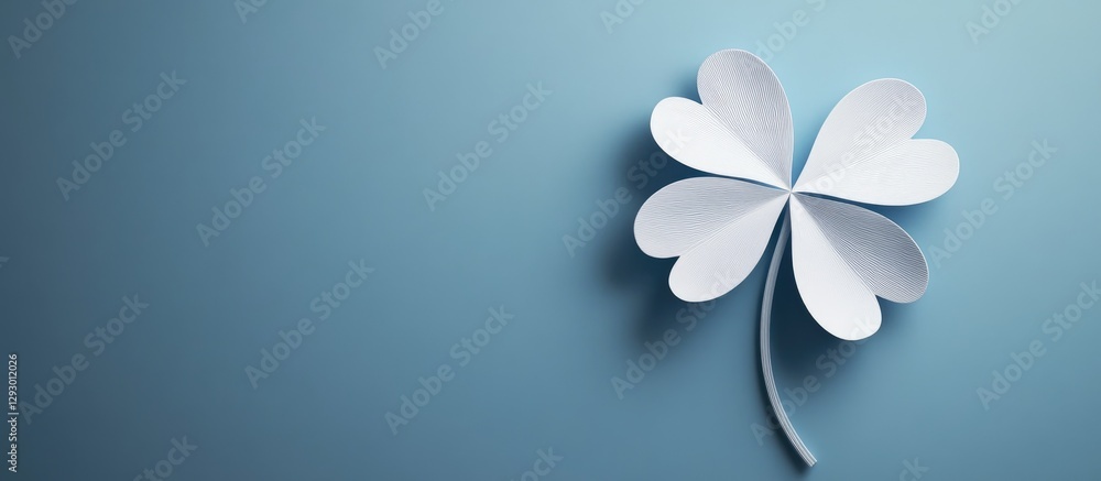 Fototapete Minimalistic design featuring a large white shamrock positioned in the lower right corner against a soft blue backdrop highlighting color contrast