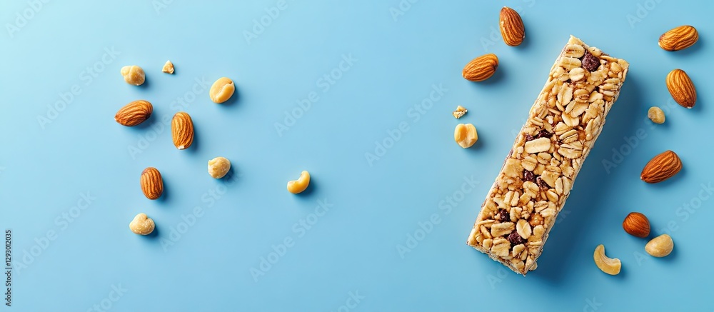 Poster close up top view of a protein bar surrounded by assorted nuts on a vibrant blue background featurin