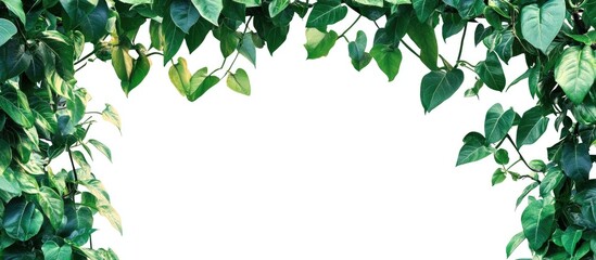 Obraz premium Lush green foliage framing a blank white background with vibrant leaves in varying shades of green positioned along the top and sides of the image.