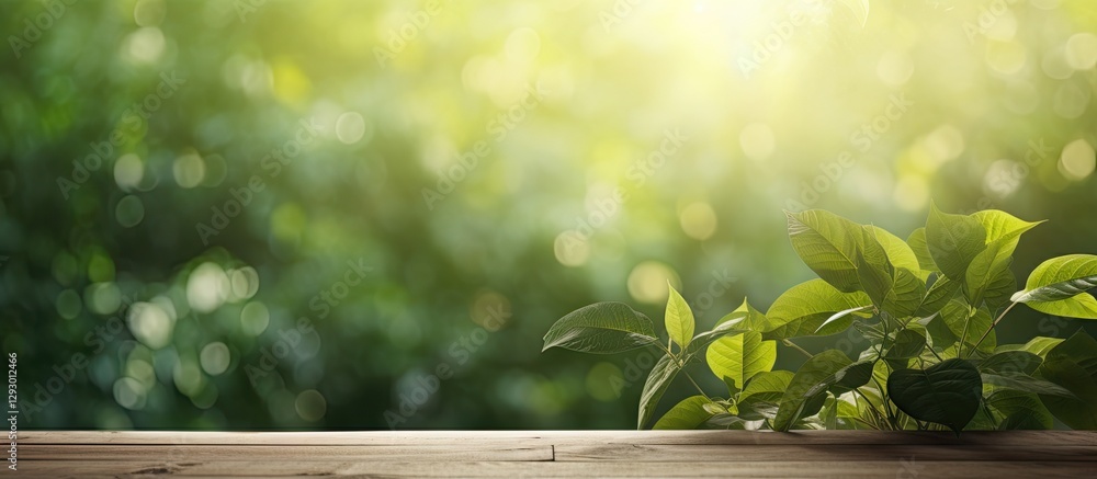 Aufkleber serene morning light filtering through lush greenery onto a wooden surface with fresh leaves in the 