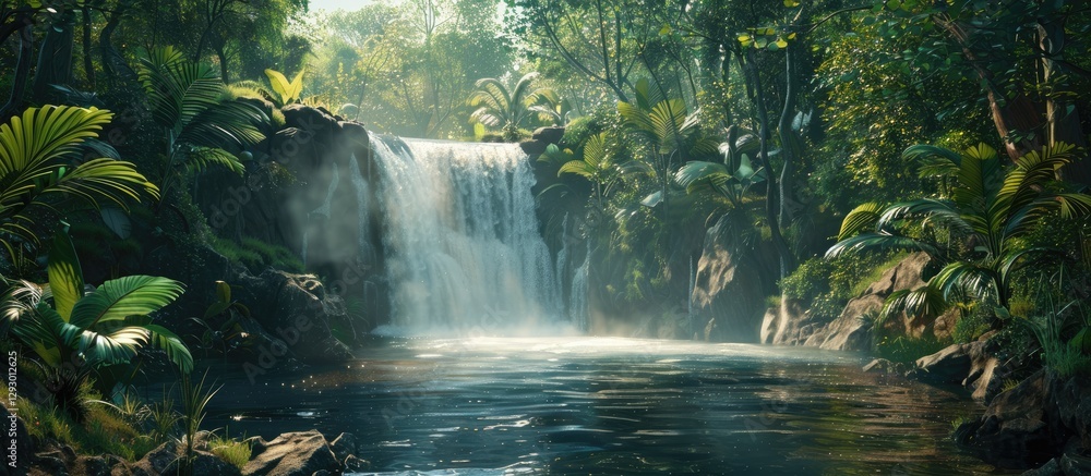 Poster lush green jungle surrounds a majestic waterfall cascading into a tranquil pool with vibrant foliage