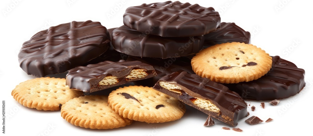 Poster Malkist biscuits with Belgian chocolate coating piled on white background with scattered cookies and space for text on the right side