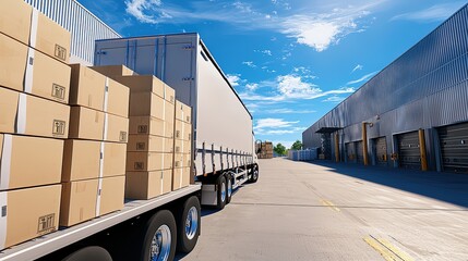 A large truck loaded with cardboard boxes parked on a sunny day next to a warehouse, showcasing an efficient logistics environment.cargo management warehouse scheduling