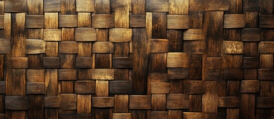 Woven bamboo texture background featuring dark and light brown tones arranged in a crosshatch pattern ideal for design applications.