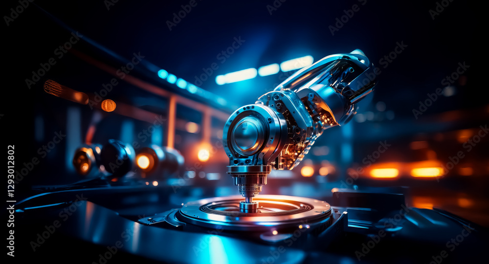 Fototapete a metallic robotic arm with a drill bit poised above a circular platform in an industrial setting. t