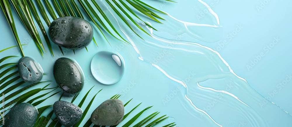 Fototapete serene composition of palm leaves and smooth spa stones arranged in tranquil water on a soft light b