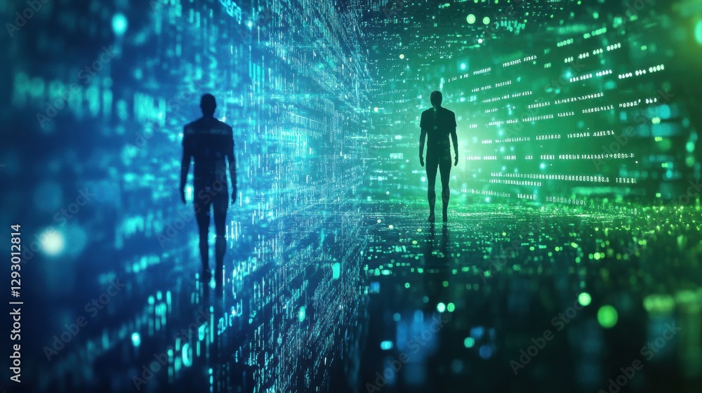 Poster Futuristic silhouettes navigate an abstract digital world surrounded by flowing matrix code. Generative AI