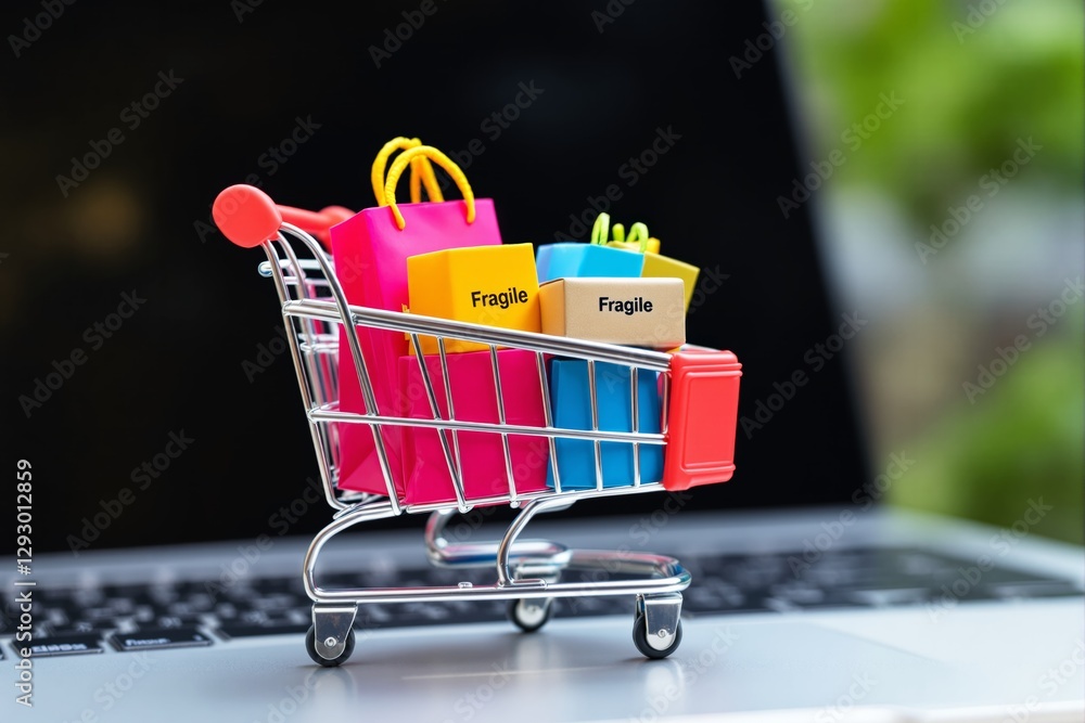 Poster mini shopping cart filled with colorful packages on a laptop keyboard.