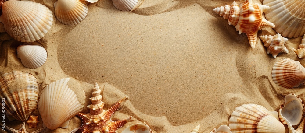 Poster seashells arranged on sandy backdrop creating a natural frame with blank center for copy space, warm