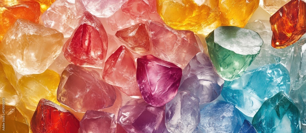 Leinwandbilder Multicolored natural stone beads in various shapes arranged on a bright white background creating a vibrant and textured pattern.