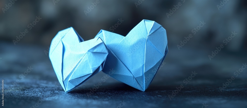 Aufkleber Blue origami hearts in the foreground on a textured dark background with soft focus highlighting their geometric shapes and intricate folds.