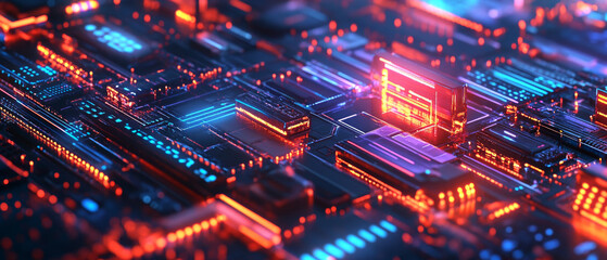 Obraz premium vibrant digital circuit board with glowing blue and orange lights, showcasing intricate patterns and technology