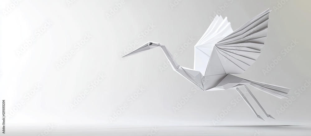 Poster elegant origami crane in mid-flight against a soft white background, showcasing intricate folded pap