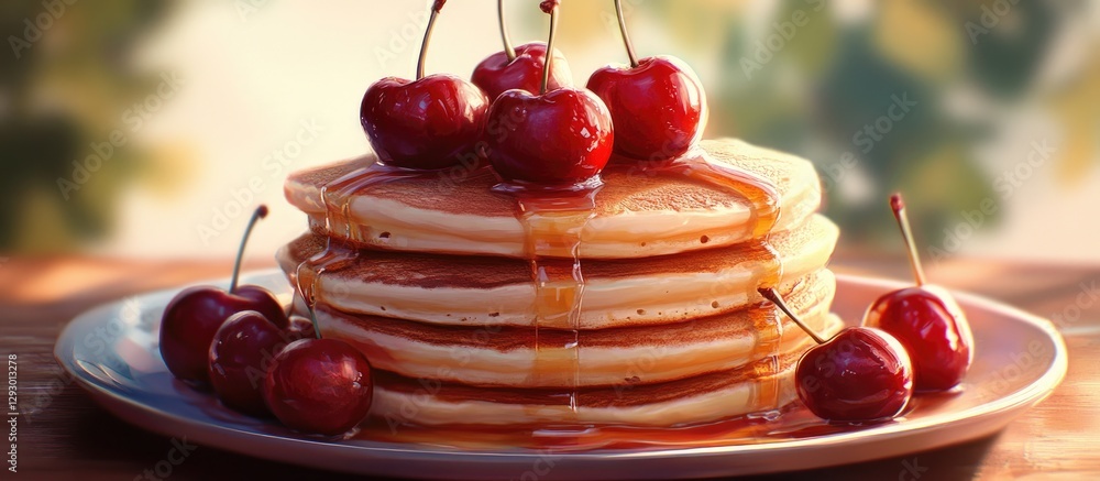 Poster Stack of golden pancakes topped with fresh cherries and syrup on a rustic plate, warm sunlight filtering through leafy greenery in background.