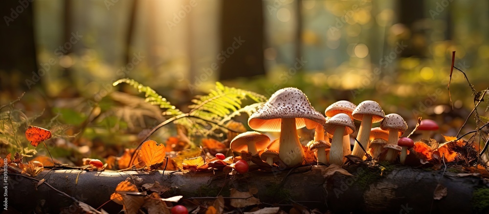 Aufkleber autumn forest scene featuring clusters of mushrooms in warm brown and orange tones, surrounded by vi