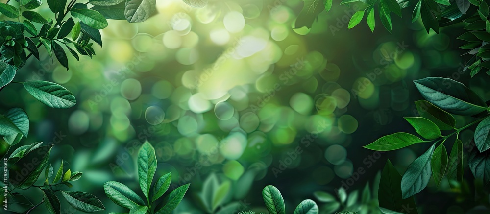 Aufkleber vibrant green foliage framing a soft glowing bokeh background with a serene natural ambiance ideal f