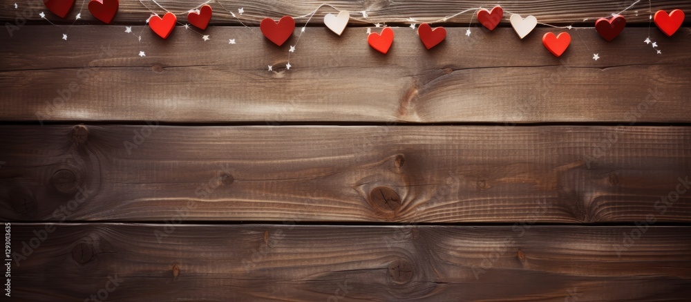Poster rustic wooden background with red and white paper hearts strung across the top creating a romantic a