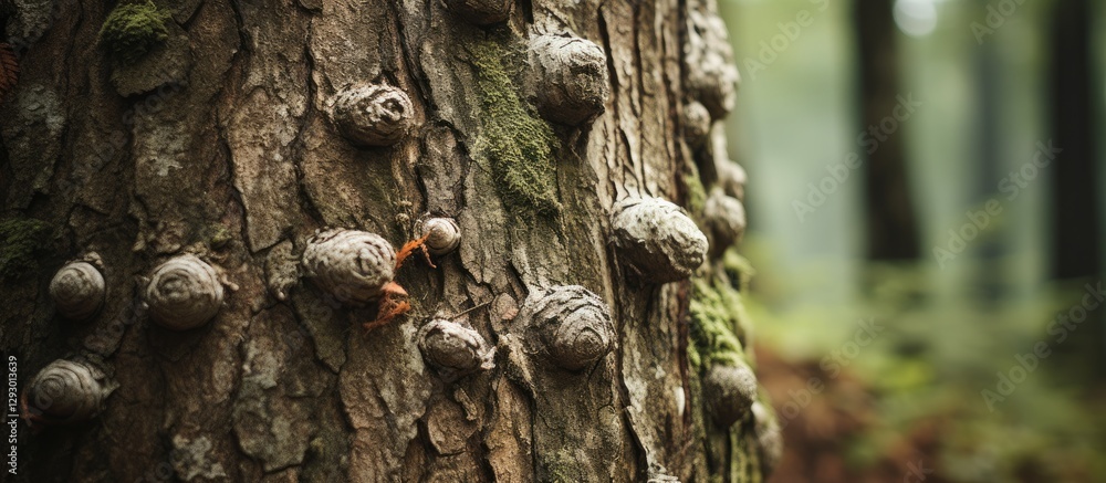 Poster textured tree trunk with large knots and bumps, surrounded by a soft-focus green forest backdrop, sh