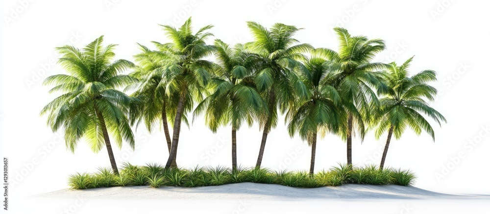 Poster tropical palm trees arranged in a semi-circle on a white background with lush green fronds and grass