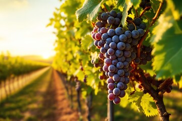 Fototapeta premium Close-up of ripe grape bunch in vineyard with sunlight streaming through leaves.