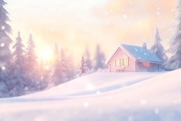 Snowy winter cabin sunrise landscape scene
