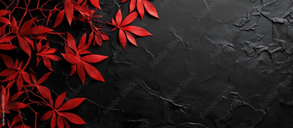 Aufkleber elegant black background with textured surface, featuring vibrant red leaves cascading from the top 
