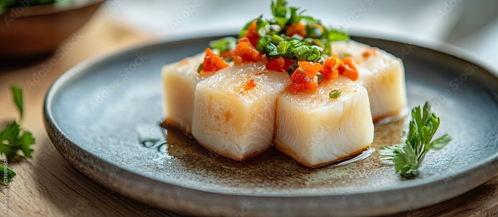 Poster delicate salted fish curd in a round plate garnished with colorful diced vegetables and herbs on a r